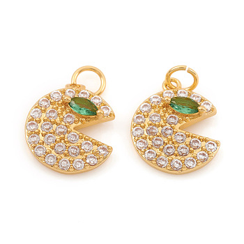 Brass Micro Pave Cubic Zirconia Charms, with Jump Ring, Gap Flat Round, Clear & Green, Real 18K Gold Plated, 12.5x10.5x2.5mm, Jump Ring: 4x0.6mm, Hole: 2.5mm