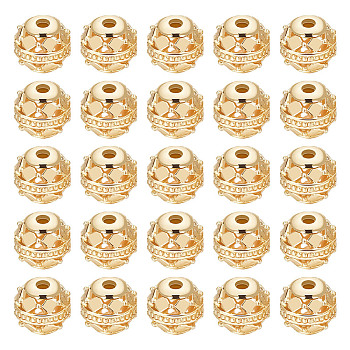 30Pcs Alloy Hollow Beads, Round, Cadmium Free & Lead Free, Real 18K Gold Plated, 8x7~8mm, Hole: 1.5~2mm
