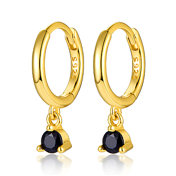 Real 18K Gold Plated 925 Sterling Silver Hoop Earrings, with Cubic Zirconia Diamond Charms, with S925 Stamp, Black, 17mm