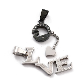 Titanium Steel Couple Pendants, Split Pendants, with Crystal Rhinestone, for Valentine's Day, Word LOVE & Heart, Electrophoresis Black & Stainless Steel Color, 37~41x13.5~18x2.5~3mm, Hole: 7.5~8x3~5mm