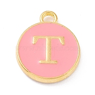 Golden Plated Alloy Enamel Charms, Enamelled Sequins, Flat Round with Alphabet, Letter.T, Pink, 14x12x2mm, Hole: 1.5mm(ENAM-Q437-14T)