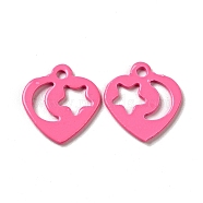 Spray Painted 201 Stainless Steel Charms, Heart with Star & Moon Pattern, Hot Pink, 12x11.5x1mm, Hole: 1.4mm(STAS-G304-15D)