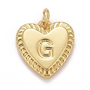 Rack Plating Real 18K Gold Plated Brass Pendants, with Jump Rings, Long-Lasting Plated, Lead Free & Cadmium Free & Nickel Free, Heart with Letter A~Z, Letter.G, 16x15x2.5mm, Jump Ring: 5x0.5mm, 3mm Inner Diameter(KK-E260-01G-G)
