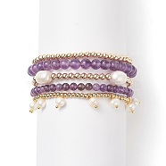 5Pcs 5 Style Natural Amethyst & Brass Beaded Stretch Bracelets Set, Natural Pearl Charms Stackable Bracelets for Women, Inner Diameter: 2~2-1/4 inch(5.2~5.6cm), 1Pc/style(BJEW-JB08870-01)
