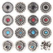 15 Sets 15 Styles Flower/Indian Head Alloy & Imitation Turquoise Craft Solid Rivet, with Iron Screw, Flat Round, for DIY Luggage and Hardware Accessaries, Mixed Color, 30x8.5~11.8mm, Hole: 2~2.5mm, 1 set/style(FIND-CA0008-74)