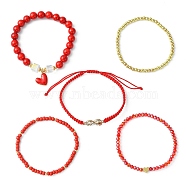 5Pcs 5 Style Glass & Brass Beaded Stretch Bracelets Set, Heart & Infinity Alloy Rhinestone Adjustable Bracelets for Valentine's Day, Red, Inner Diameter: 2-1/8 ~3-1/2 inch(5.4~9cm), 1Pc/style(BJEW-TA00298)