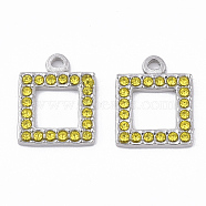 304 Stainless Steel Pendants, with Rhinestone, Square, Citrine, 16.5x13x2mm, Hole: 1.6mm(STAS-T050-005F)