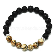 Natural Picture Jasper Beads Stretch Bracelets, with Synthetic Lava Rock Beads and Alloy Beads, Round, Inner Diameter: 2-1/8 inch(5.5cm), Beads: 8.5mm(BJEW-R309-02-A11)