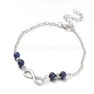 Fashion Tibetan Style Alloy Infinity Anklets, with Lapis Lazuli Beads, Zinc Alloy Lobster Claw Clasps and Iron Chains, Antique Silver, 230mm(AJEW-AN00071-04)