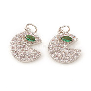 Brass Micro Pave Cubic Zirconia Charms, with Jump Ring, Gap Flat Round, Clear & Green, Platinum, 12.5x10.5x2.5mm, Jump Ring: 4x0.6mm, Hole: 2.5mm(KK-I672-48P)