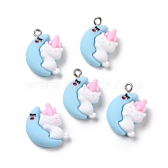 Opaque Resin Pendants, with Platinum Tone Iron Loops, Cat with Moon, White, 23x16x7mm, Hole: 2mm(RESI-G032-G02)