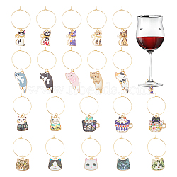 Cat Alloy Enamel Wine Glass Charm, with 316 Surgical Stainless Steel Wine Glass Charm Rings, Mixed Color, 47mm, 20pcs/set(AJEW-AB00171)