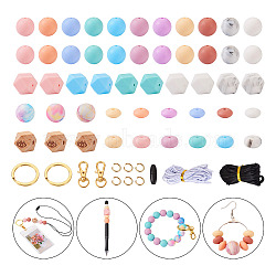 DIY Keychain Wristlet Making Kit, Including Alloy Split Key Rings & Clasps, Plastic Breakaway Clasp, Hexagon & Round & Abacus Silicone & Wood Beads, Mixed Color(DIY-TA0004-39)