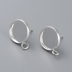 304 Stainless Steel Stud Earring Settings, with Loop, Flat Round, Silver, Tray: 12mm, 16.5x14x2mm, Hole: 2mm, Pin: 0.8mm(STAS-H380-B-13S)