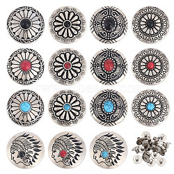 15 Sets 15 Styles Flower/Indian Head Alloy & Imitation Turquoise Craft Solid Rivet, with Iron Screw, Flat Round, for DIY Luggage and Hardware Accessaries, Mixed Color, 30x8.5~11.8mm, Hole: 2~2.5mm, 1 set/style(FIND-CA0008-74)