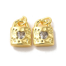 Brass Micro Pave Cubic Zirconia Pendants, Real 18K Gold Plated, Lock, Clear, 12.5x9x4mm(KK-H461-06G-03)