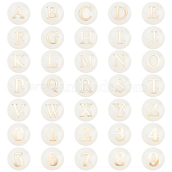 Elite Natural Shell Beads, Flat Round with Golden Tone Metal Number & Letter Slice, Seashell Color, 8x3~5mm, Hole: 0.5~0.9mm(SHEL-PH0001-53)