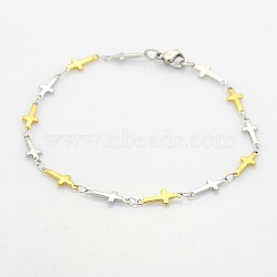 Two Tone Religious Catholic Jewelry 304 Stainless Steel Cross Link Chain Bracelets, with Lobster Claw Clasps, Mixed Color, 7-7/8 inch(200mm), 5x1mm(STAS-O036-09M)