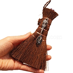 Natural Amethyst Witch Altar Broom Charm Ornament, Mane Broomstick for Magic Ceremonial, Halloween Wiccan Ritual, with Alloy Crow & Glass Teardrop Charm, Dark Slate Blue, 145x85mm(PW-WG45CD3-10)