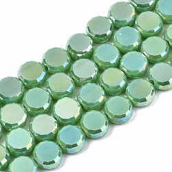 Electroplate Opaque Solid Color Glass Beads Strands, AB Color Plated, Faceted Flat Round, Light Green, 8x4mm, Hole: 1.5mm, about 99~101pcs/strand, 27.76 inch~28.94 inch, (70.5cm~73.5cm)(EGLA-T020-07D)