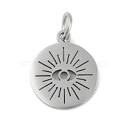 Non-Tarnish 304 Stainless Steel Charms, with Jump Ring, Laser Cut, Flat Round with Eye Charms, Stainless Steel Color, 14x11.5x1mm, Hole: 3.2mm(STAS-L279-027P)