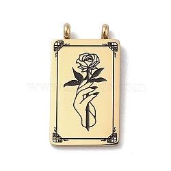 304 Stainless Steel Pendants, with Enamel, Rectangle with Flower Charm, Golden, Black, 25.5x14x3.5mm, Hole: 2mm(STAS-F306-04G)