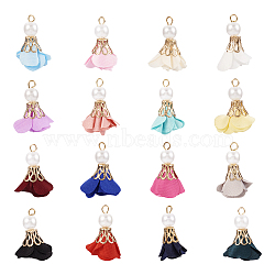 Pandahall 32Pcs 16 Colors Flower Chiffon Pendants, with ABS Plastic Imitation Pearl, Golden, Mixed Color, 29~31x19~23x19~23mm, Hole: 3.5x2.3mm, 2Pcs/color(FIND-TA0003-41)