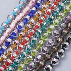 Handmade Silver Foil Glass Lampwork Beads, Oval with Flower, Mixed Color, 16~17x9~11mm, Hole: 1.5~2mm(LAMP-Q030-02-M)