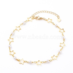 Brass Star Link Chain Anklets, with Glass Beads, Golden, 9-1/2 inch(24cm)(AJEW-AN00419)