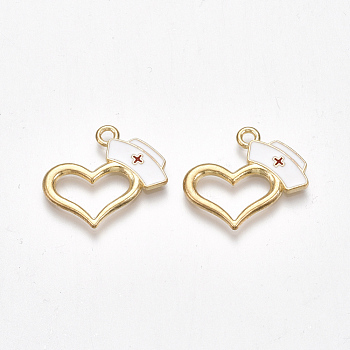 Alloy Pendants, Cadmium Free & Lead Free, with Enamel, Heart with Nurse Cap, Light Gold, White, 20x22x1.5mm, Hole: 2mm