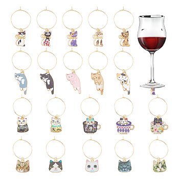 Cat Alloy Enamel Wine Glass Charm, with 316 Surgical Stainless Steel Wine Glass Charm Rings, Mixed Color, 47mm, 20pcs/set