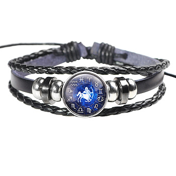12 Constellation Leather Cord Bracelets, with Alloy Beads and Wax Cord, Flat Round, Sagittarius, 2-3/8 inch(6cm)