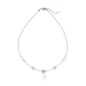 Natural Pearl Pendant Necklace with Glass Beaded Chains, Clear, 16.61 inch(42.2cm)