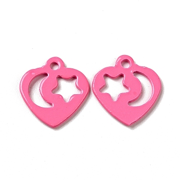 Spray Painted 201 Stainless Steel Charms, Heart with Star & Moon Pattern, Hot Pink, 12x11.5x1mm, Hole: 1.4mm