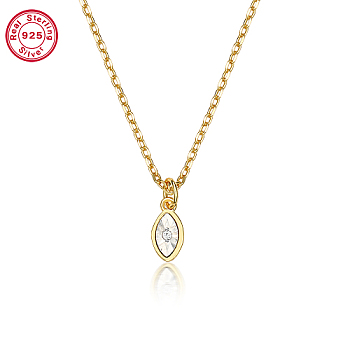 Cubic Zirconia Horse Eye Pendant Necklace, with 925 Sterling Silver Chains, with S925 Stamp, Real 18K Gold Plated, 15.75 inch(40cm)