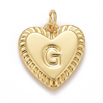 Rack Plating Real 18K Gold Plated Brass Pendants, with Jump Rings, Long-Lasting Plated, Lead Free & Cadmium Free & Nickel Free, Heart with Letter A~Z, Letter.G, 16x15x2.5mm, Jump Ring: 5x0.5mm, 3mm Inner Diameter