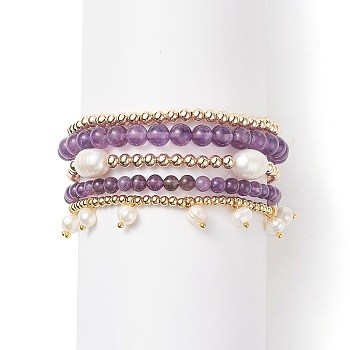 5Pcs 5 Style Natural Amethyst & Brass Beaded Stretch Bracelets Set, Natural Pearl Charms Stackable Bracelets for Women, Inner Diameter: 2~2-1/4 inch(5.2~5.6cm), 1Pc/style