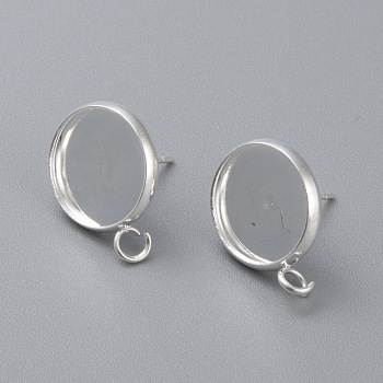 304 Stainless Steel Stud Earring Settings, with Loop, Flat Round, Silver, Tray: 12mm, 16.5x14x2mm, Hole: 2mm, Pin: 0.8mm