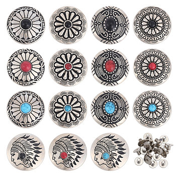 15 Sets 15 Styles Flower/Indian Head Alloy & Imitation Turquoise Craft Solid Rivet, with Iron Screw, Flat Round, for DIY Luggage and Hardware Accessaries, Mixed Color, 30x8.5~11.8mm, Hole: 2~2.5mm, 1 set/style