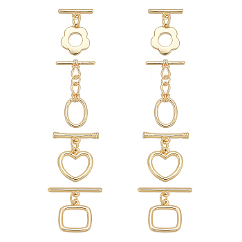 Elite 8 Sets 4 Style Brass Toggle Clasps, Nickel Free, Flower & Heart & Rectangle & Oval, Real 18K Gold Plated, 2sets/style