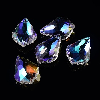 AB Color Plated Electroplate Glass Pendants, Faceted, Leaf, Colorful, 28x19.5x8.5~10.5mm, Hole: 1mm