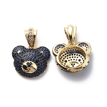 Brass Cubic Zirconia Pendants, Bear Charm, Real 18K Gold Plated, Midnight Blue, 16x18.5x6.5mm, Hole: 3.5x6mm