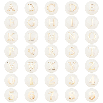 Elite Natural Shell Beads, Flat Round with Golden Tone Metal Number & Letter Slice, Seashell Color, 8x3~5mm, Hole: 0.5~0.9mm