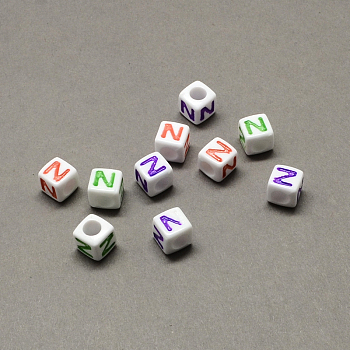 Large Hole Colorful Acrylic Letter European Beads, Horizontal Hole, Cube with Letter.Z, 7x7x7mm, Hole: 4mm, about 1144pcs/500g