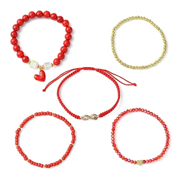 5Pcs 5 Style Glass & Brass Beaded Stretch Bracelets Set, Heart & Infinity Alloy Rhinestone Adjustable Bracelets for Valentine's Day, Red, Inner Diameter: 2-1/8 ~3-1/2 inch(5.4~9cm), 1Pc/style