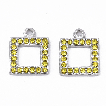 304 Stainless Steel Pendants, with Rhinestone, Square, Citrine, 16.5x13x2mm, Hole: 1.6mm