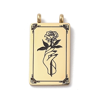 304 Stainless Steel Pendants, with Enamel, Rectangle with Flower Charm, Golden, Black, 25.5x14x3.5mm, Hole: 2mm