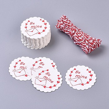 Paper Gift Tags, Hang Tags, For Arts and Crafts, with Cotton Cords, for Valentine's Day, Flower with Word Be Mine, White & Red, 45x0.5mm, 50pcs/set