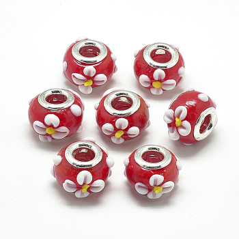 Handmade Lampwork European Beads, Bumpy Lampwork, with Platinum Brass Double Cores, Large Hole Beads, Rondelle with Flower, Red, 16x14x10.5mm, Hole: 5mm