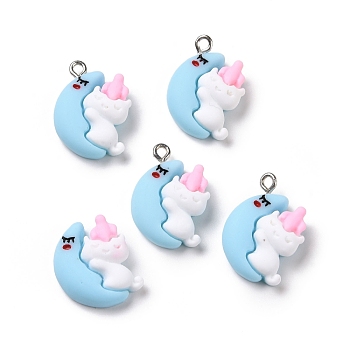Opaque Resin Pendants, with Platinum Tone Iron Loops, Cat with Moon, White, 23x16x7mm, Hole: 2mm